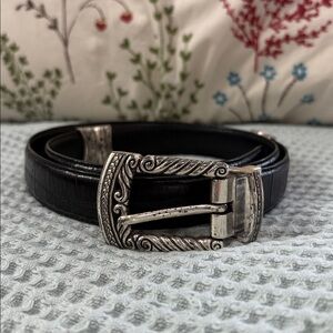 Elegant Black Belt with Ornate Silver Buckle